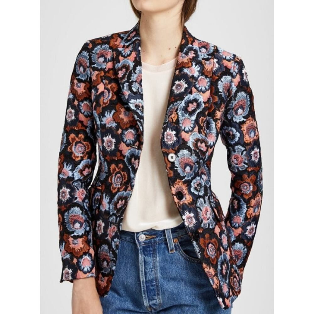 Theory Floral Jacquard Blazer in Black, Rust & Light Blue